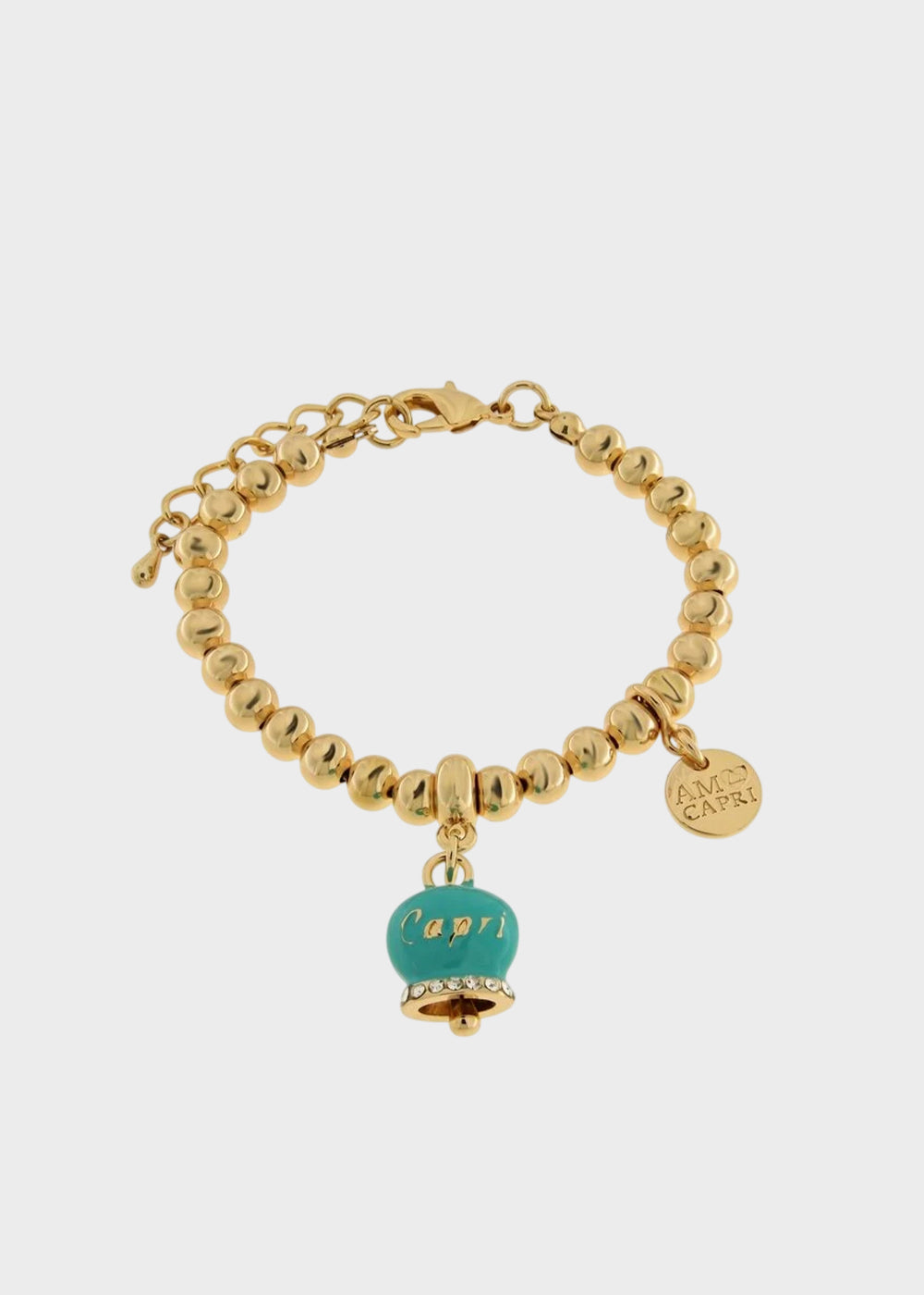 Bracciale in Metallo color oro con maglia a sfere e campanella Capri turchese