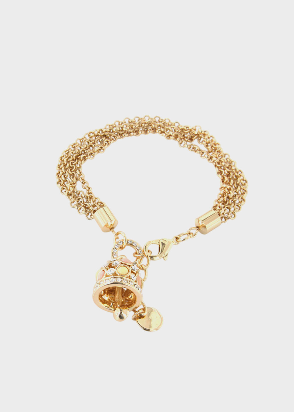 Bracciale in Metallo color oro catena multifilo, con campana pendente impreziosita da cristalli colorati e punti luce bianchi