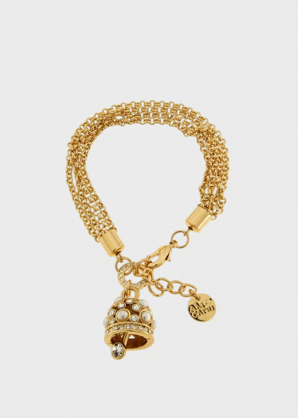 Bracciale in Metallo color oro catena multifilo, con campana pendente impreziosita da cristalli e punti luce-1