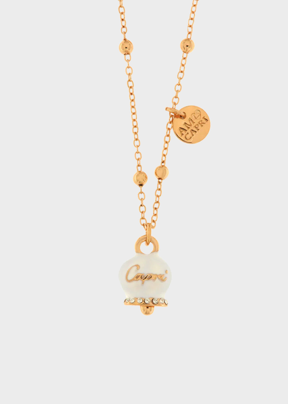 Collana in Metallo color oro rosa con campanella Capri bianca e cristalli