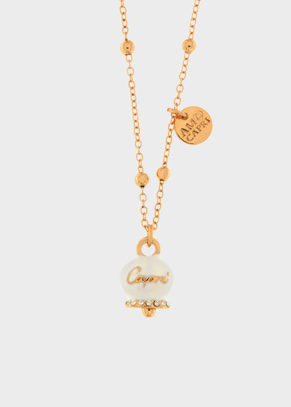 Collana in Metallo color oro rosa con campanella Capri bianca e cristalli