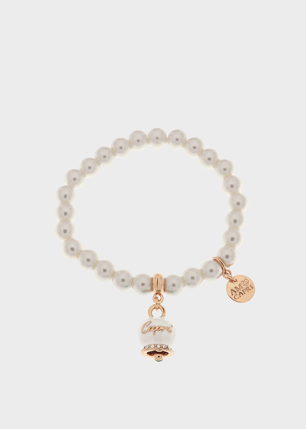 Bracciale in Metallo con perle e campanella portafortuna bianca con scritta Capri