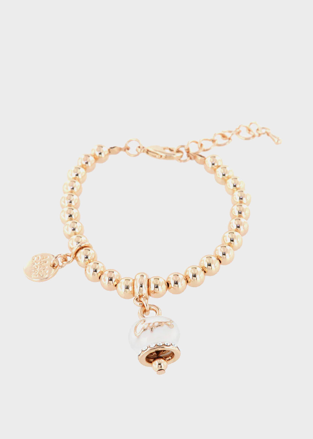 Bracciale in Metallo color oro con maglia a sfere e campanella Capri bianca
