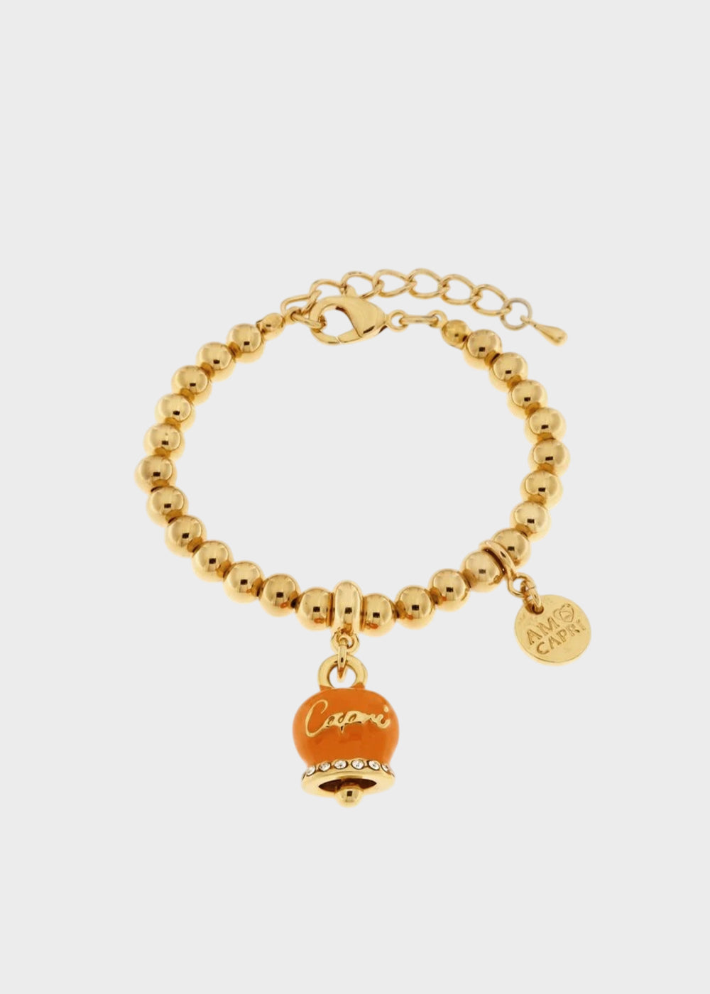 Bracciale in Metallo color oro con maglia a sfere e campanella Capri arancione
