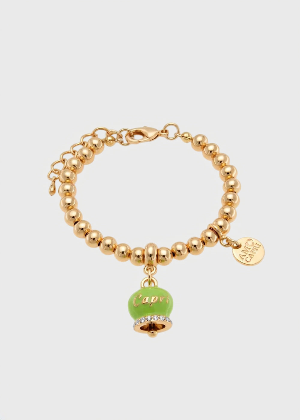 Bracciale in Metallo color oro rosa con maglia a sfere e campanella Capri verde chiaro