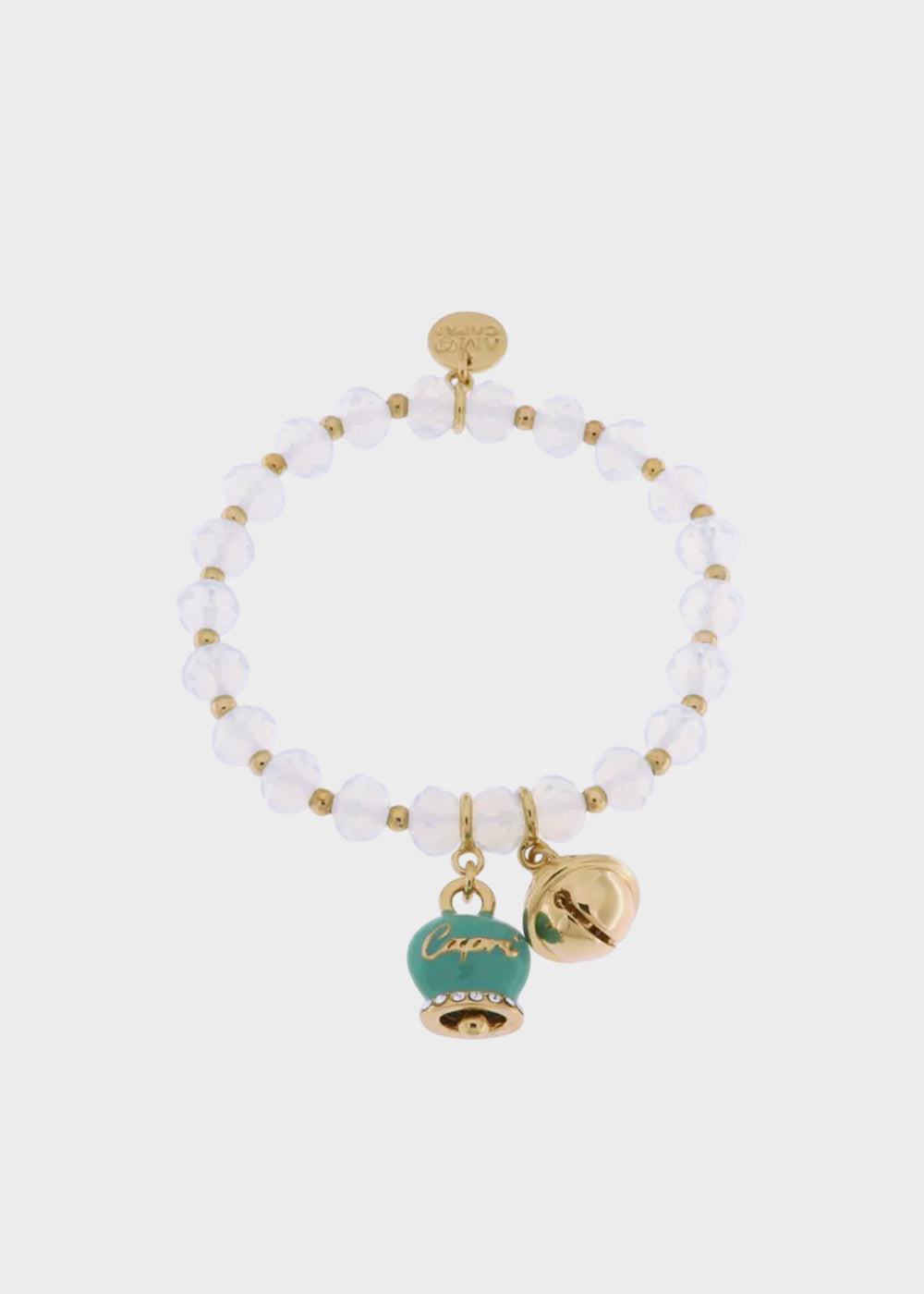 Bracciale in Metallo con campanella turchese, piccolo sonaglio e pietre bianche