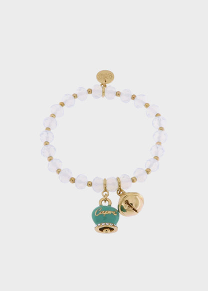 Bracciale in Metallo con campanella turchese, piccolo sonaglio e pietre bianche