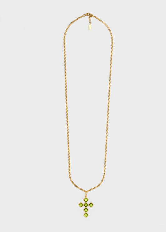 Cross necklace with green rhombus stones, in stainless steel