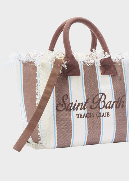 Borsa da mare media Colette in canvas a righe marroni con logo ricamato e tracolla