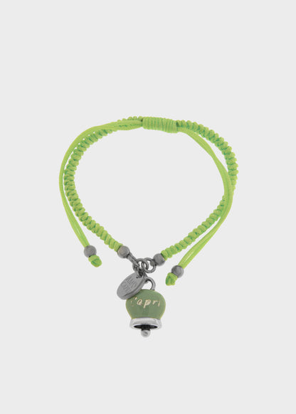 Bracciale in tessuto e Acciaio con Campanella Portafortuna Verde