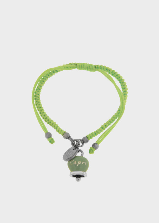 Bracciale in tessuto e Acciaio con Campanella Portafortuna Verde