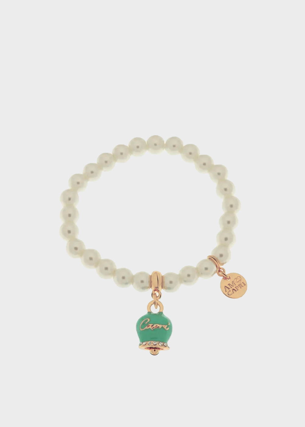 Bracciale in Metallo con perle e campanella portafortuna in smalto verde con scritta Capri