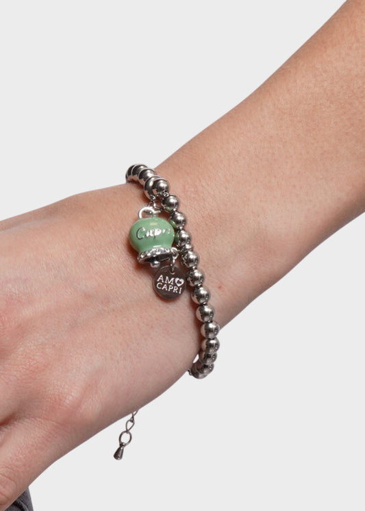 Bracciale in Acciaio a sfere color argento con Campanella Portafortuna Capri Verde