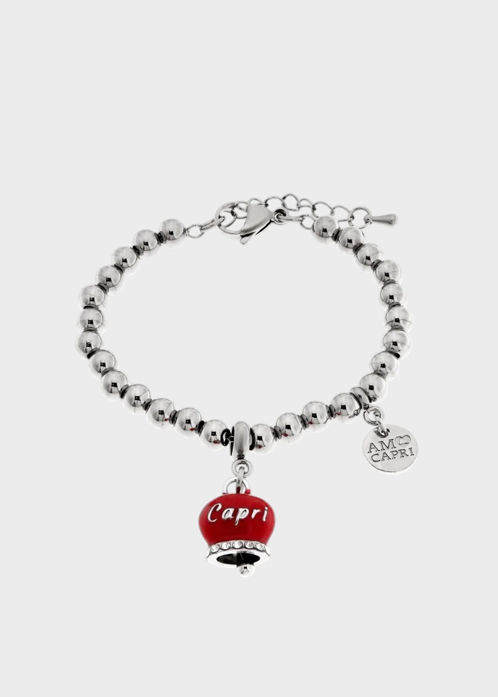 Bracciale in Acciaio a sfere color argento con campanella rosso con scritta Capri-1