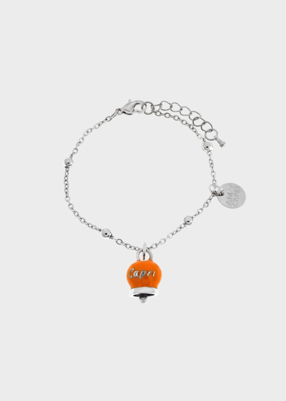 Bracciale in Acciaio color argento con campanella pendente arancione con scritta Capri