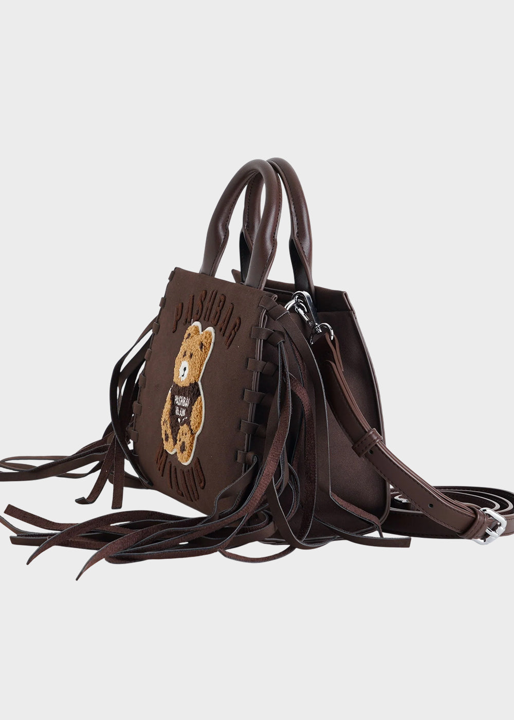 Borsa a mano Mini Marge in camoscio sintetico con tracolla, frange e applicazione orsetto centrale Teddy-2