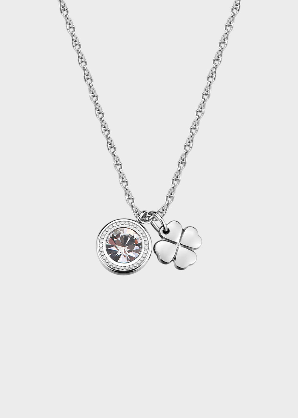 Collana Lucky Light girocollo in acciaio con cristallo e pendente a forma di quadrifoglio
