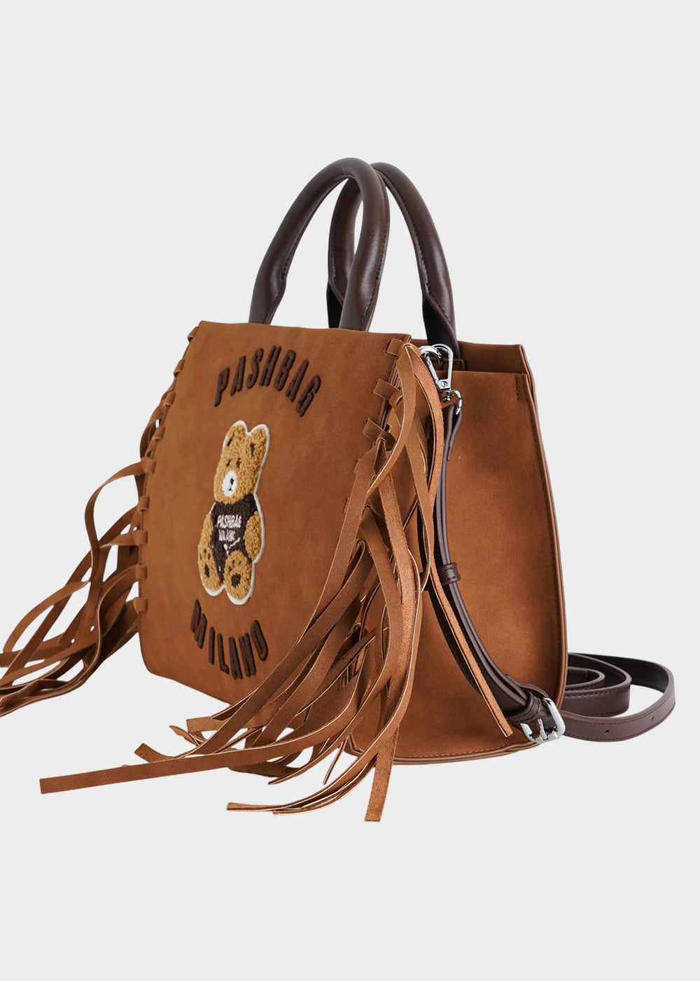 Borsa a mano Marge in camoscio sintetico con tracolla, frange e applicazione orsetto centrale Teddy-2