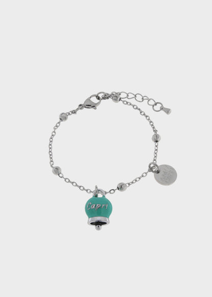 Bracciale in Acciaio color argento con campanella pendente Turchese con scritta Capri