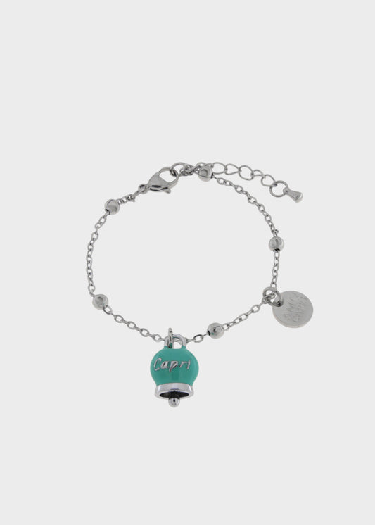 Bracciale in Acciaio color argento con campanella pendente Turchese con scritta Capri