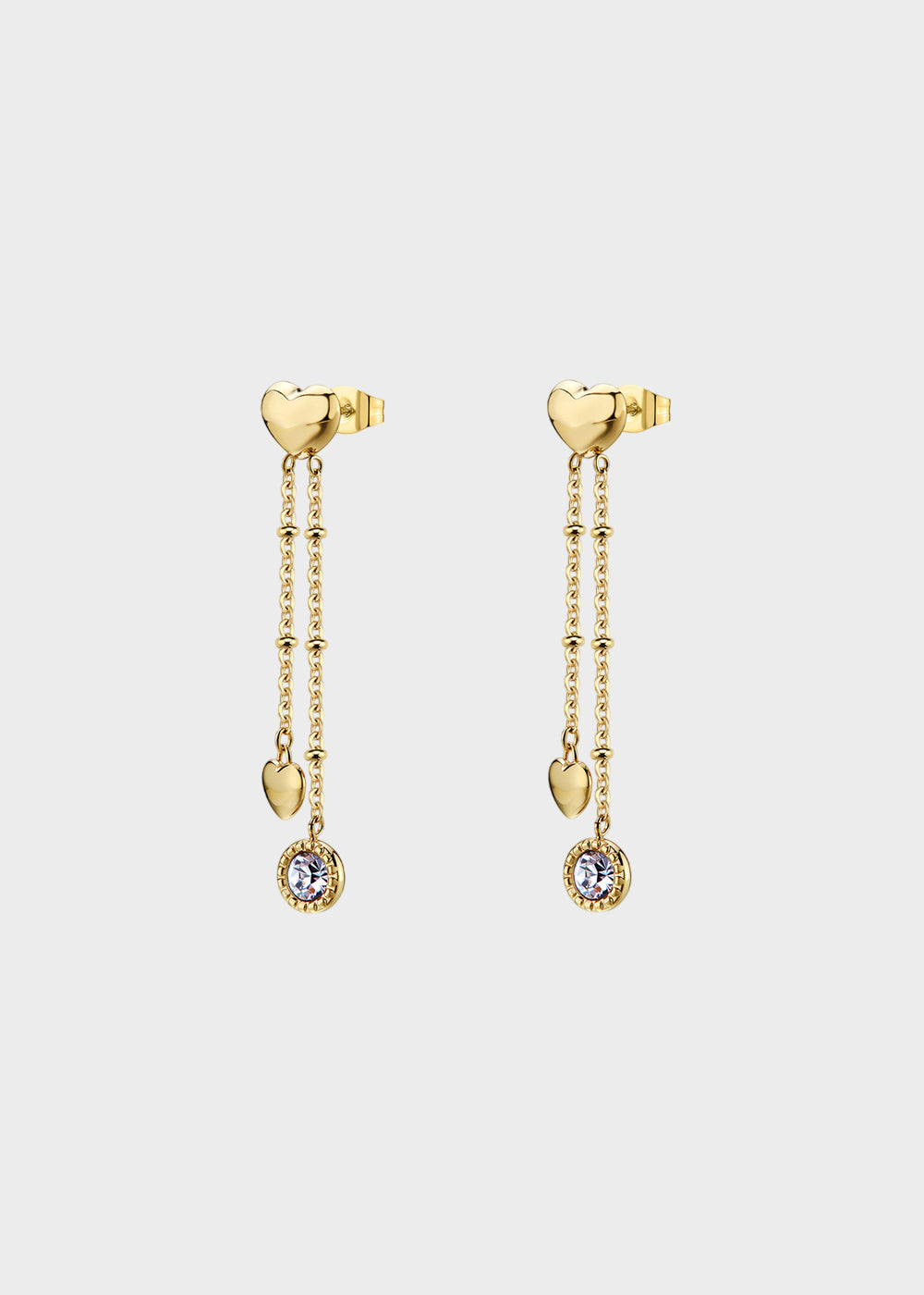 Orecchini pendenti Aurora in acciaio con finitura pvd oro 14K, cuori e pietre