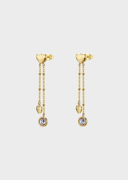 Orecchini pendenti Aurora in acciaio con finitura pvd oro 14K, cuori e pietre