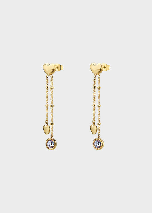 Orecchini pendenti Aurora in acciaio con finitura pvd oro 14K, cuori e pietre