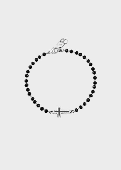 Bracciale Charisma in acciaio e sfere in vetro nero con croce e smalto nero