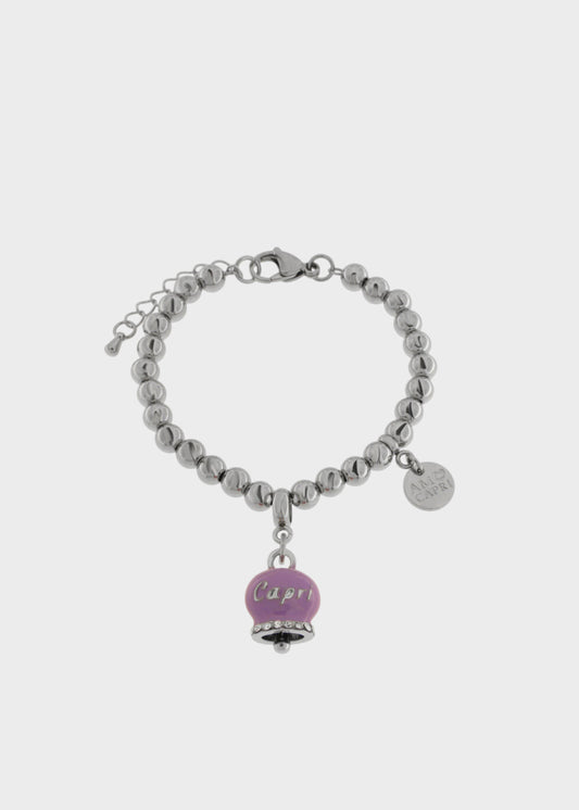 Bracciale in Acciaio a sfere color argento con Campanella Portafortuna Giardini di Capri Viola Amethyst Orchid