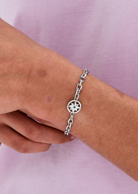 Bracciale Nautika in acciaio con centrale rosa dei venti e zircone blu centrale