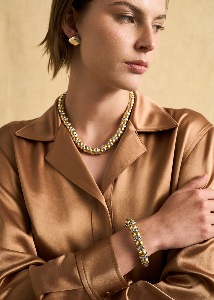 Collana sfere ed elementi mix oro e argento