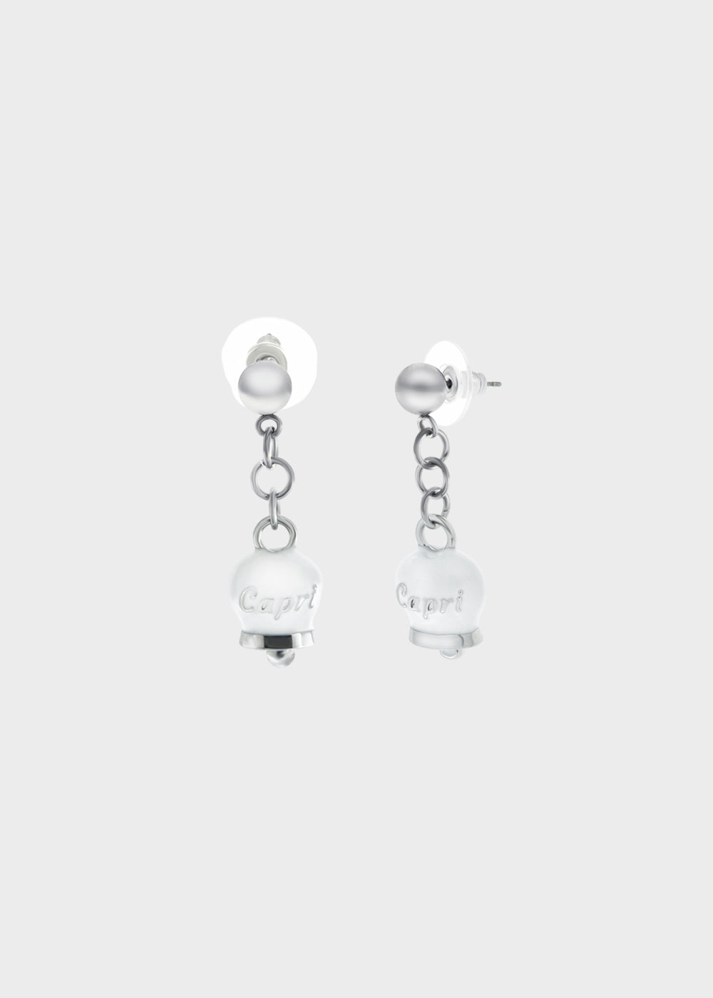Orecchini in Acciaio color argento con campanella pendente bianca con scritta Capri