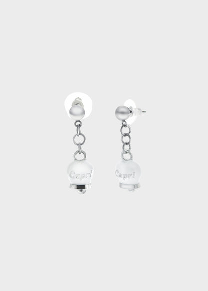 Orecchini in Acciaio color argento con campanella pendente bianca con scritta Capri