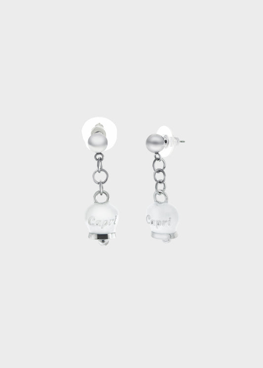 Orecchini in Acciaio color argento con campanella pendente bianca con scritta Capri